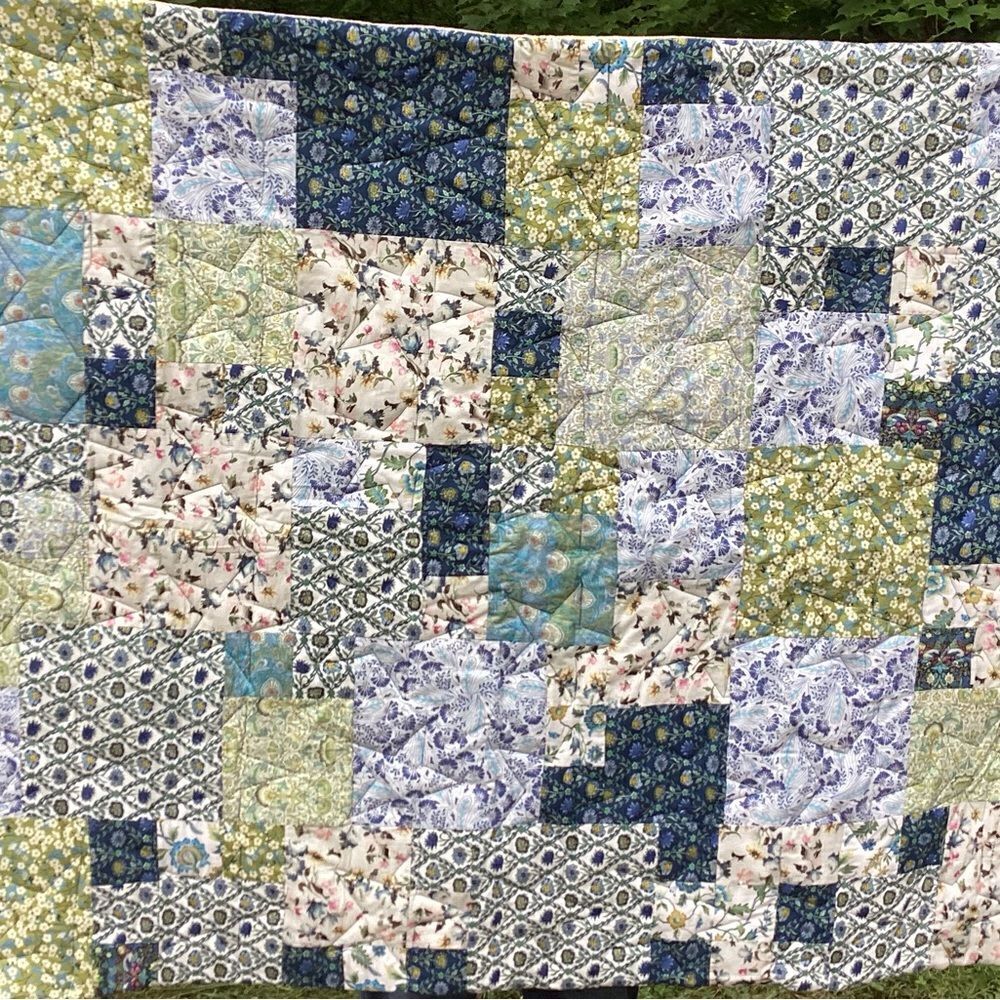 NWT. Hand Crafted Blues and Green Liberty Lawn Fabrics Garden Quilt with Stars